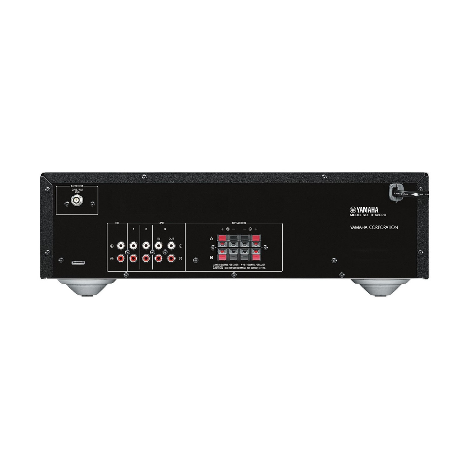 Ricevitore audio Yamaha nero con ingressi e uscite visibili sul retro.