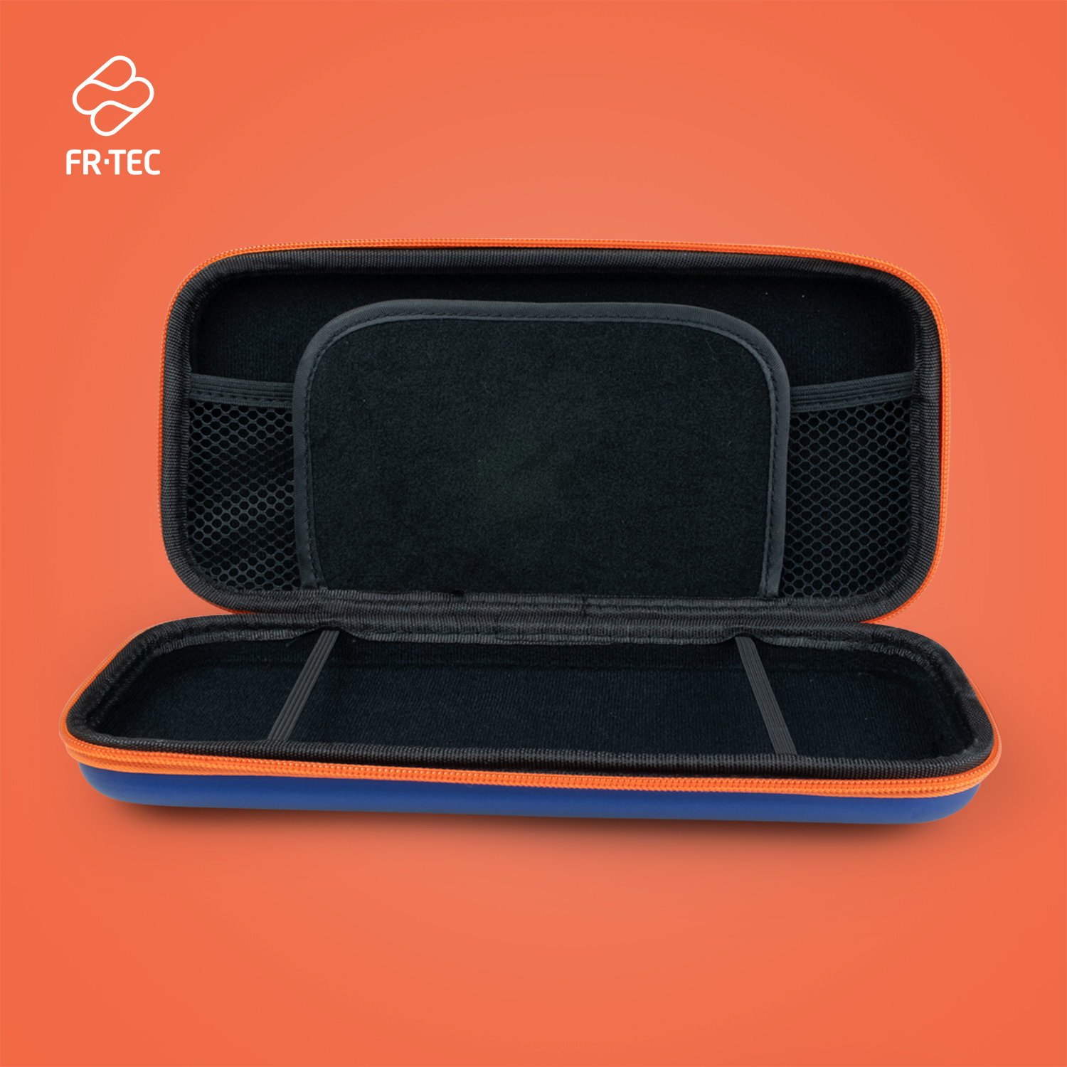 Offenes blau-oranges Etui mit Netztaschen und Innenausstattung.