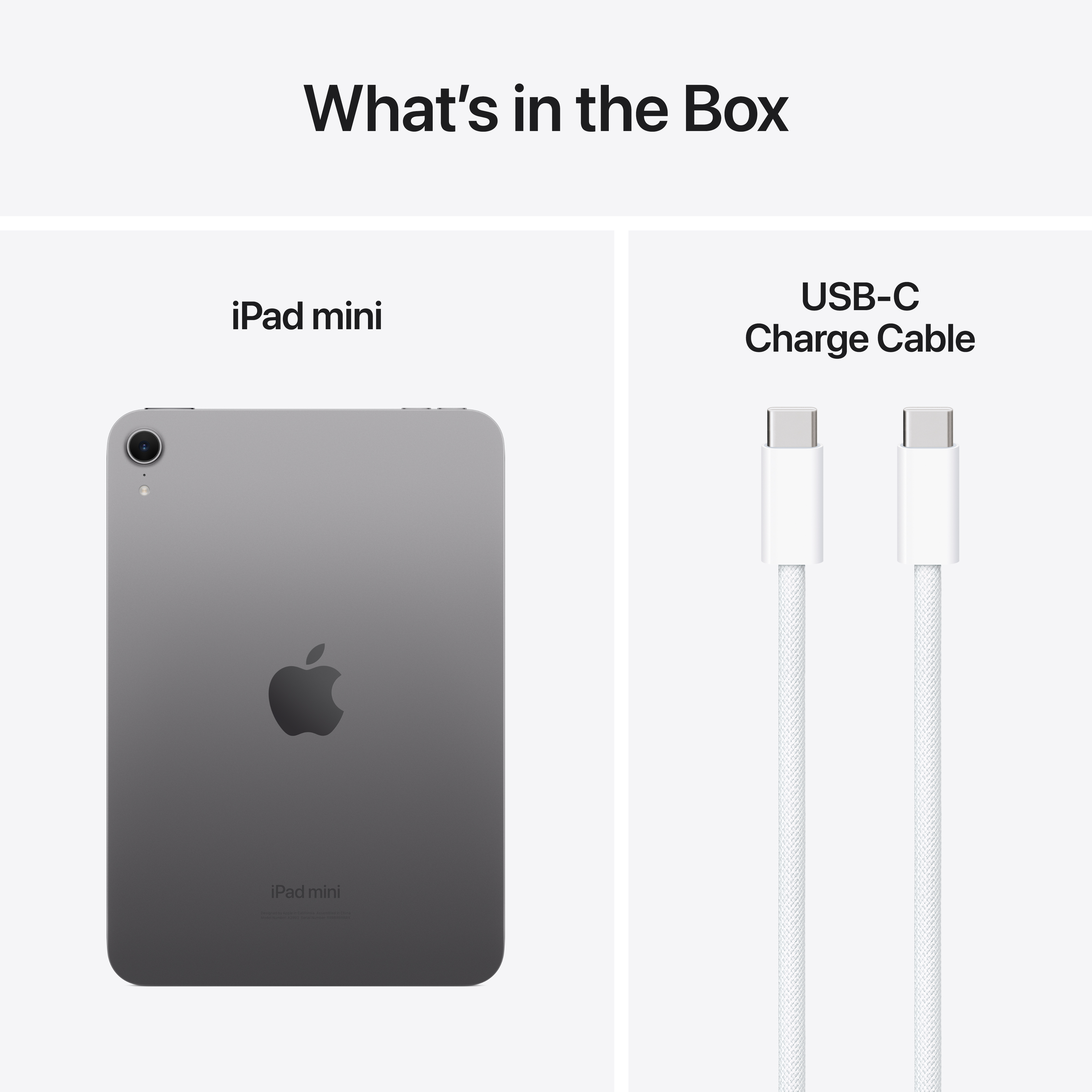 iPad mini und weißes USB-C-Kabel. Das iPad ist grau, das Kabel ist weiß.