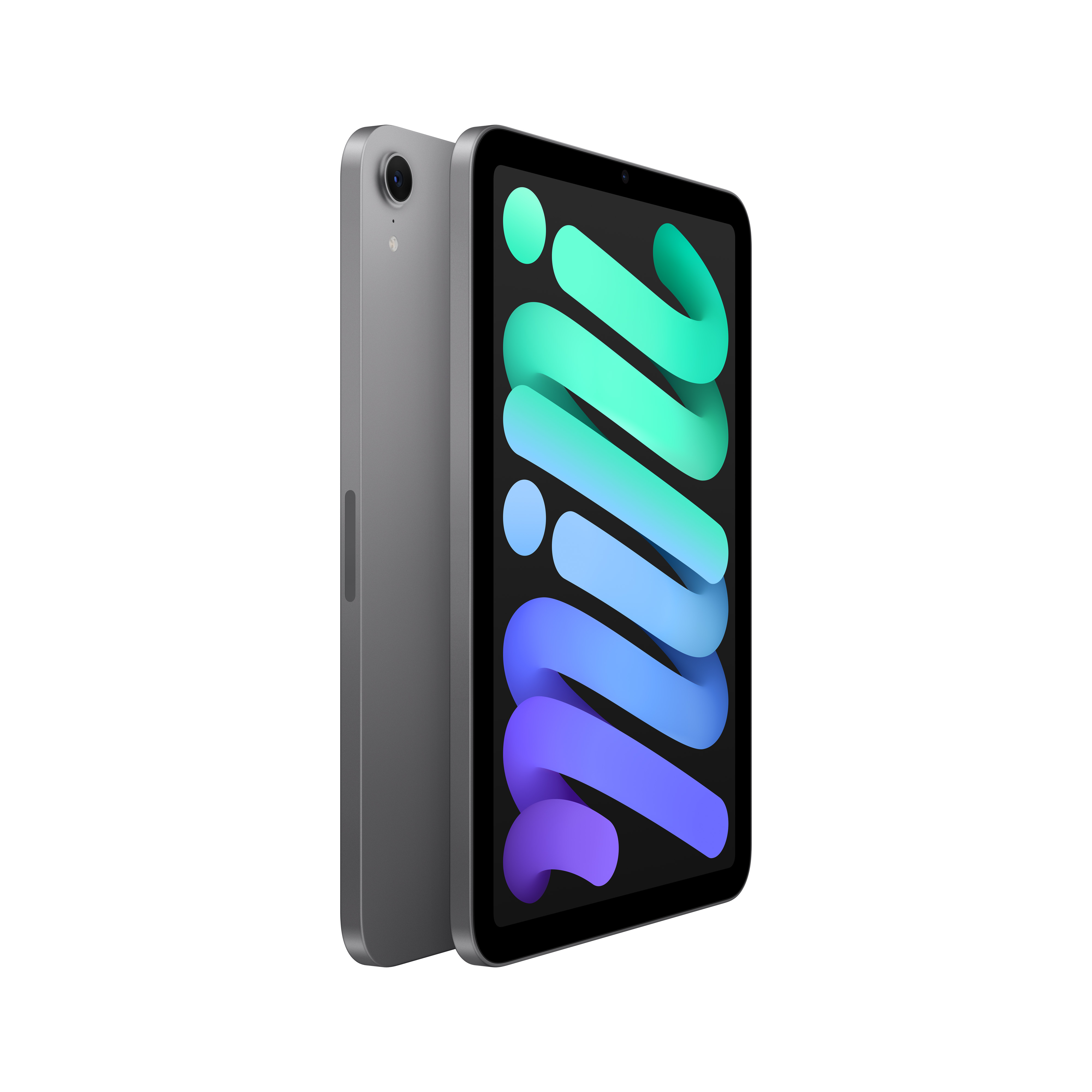 Graues Tablet, Seitenansicht, mit farbenfrohem Bildschirm.
