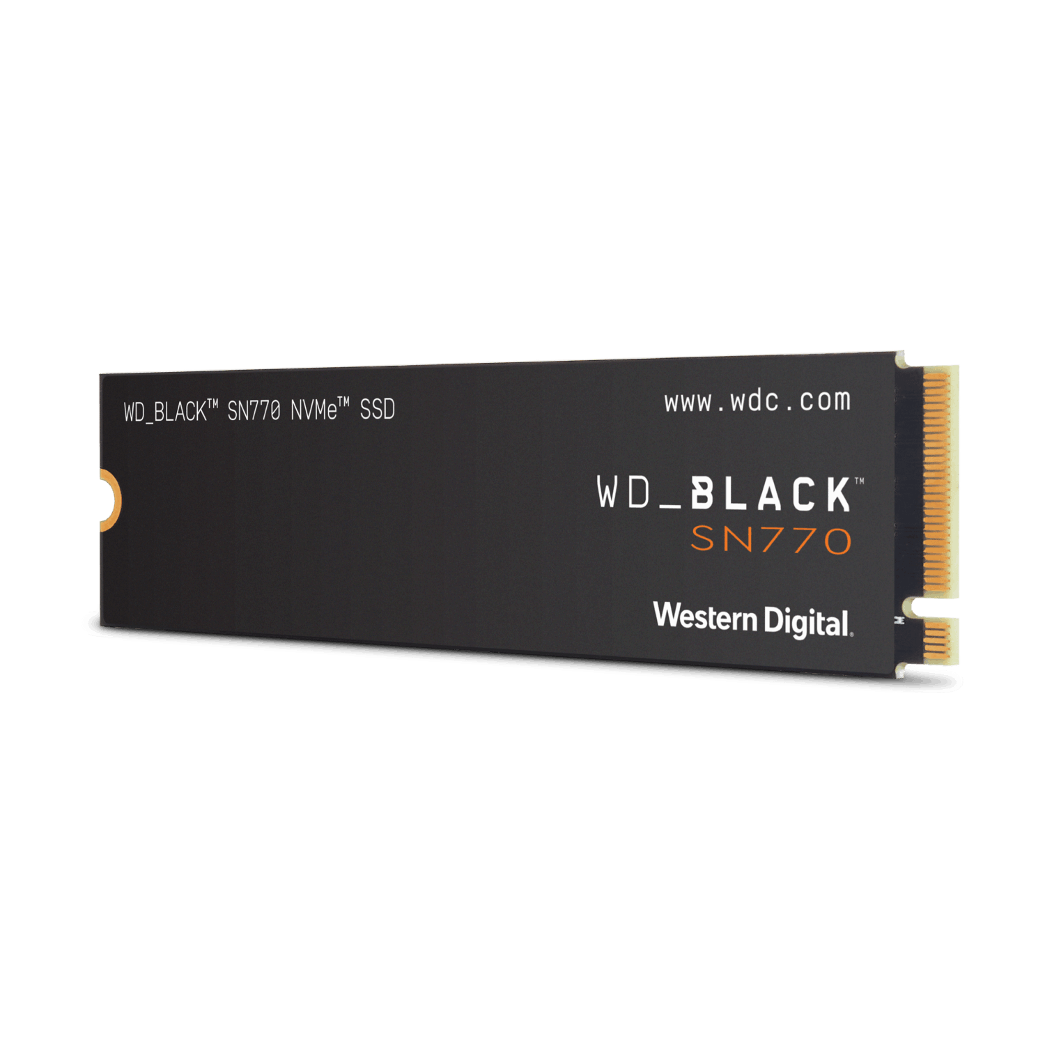 SSD NVMe WD_BLACK SN770 negra sobre una superficie blanca. Texto: WD_BLACK SN770. Logotipo de Western Digital.