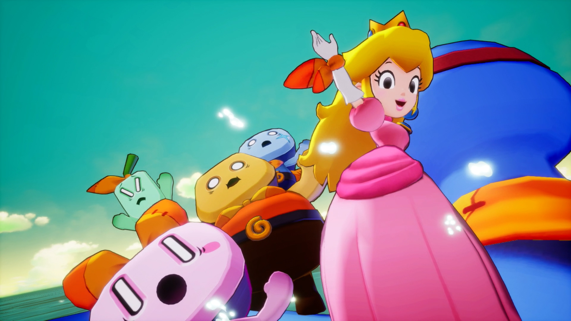 Prenses Peach dahil olmak üzere çizgi film karakterleri, renkli ve tuhaf bir ortamda, arka planda gökyüzü.