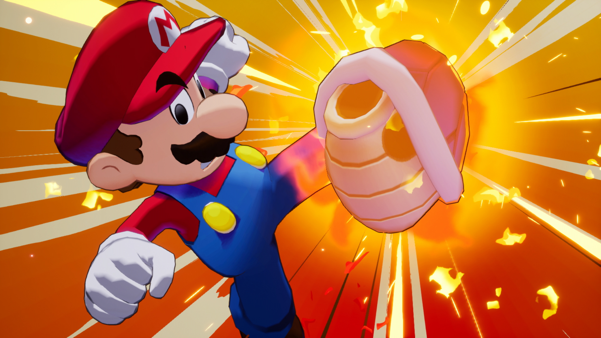 Mario, canlı, çizgi film arka planıyla dinamik bir aksiyon pozunda Koopa kabuğuna tekme atıyor.