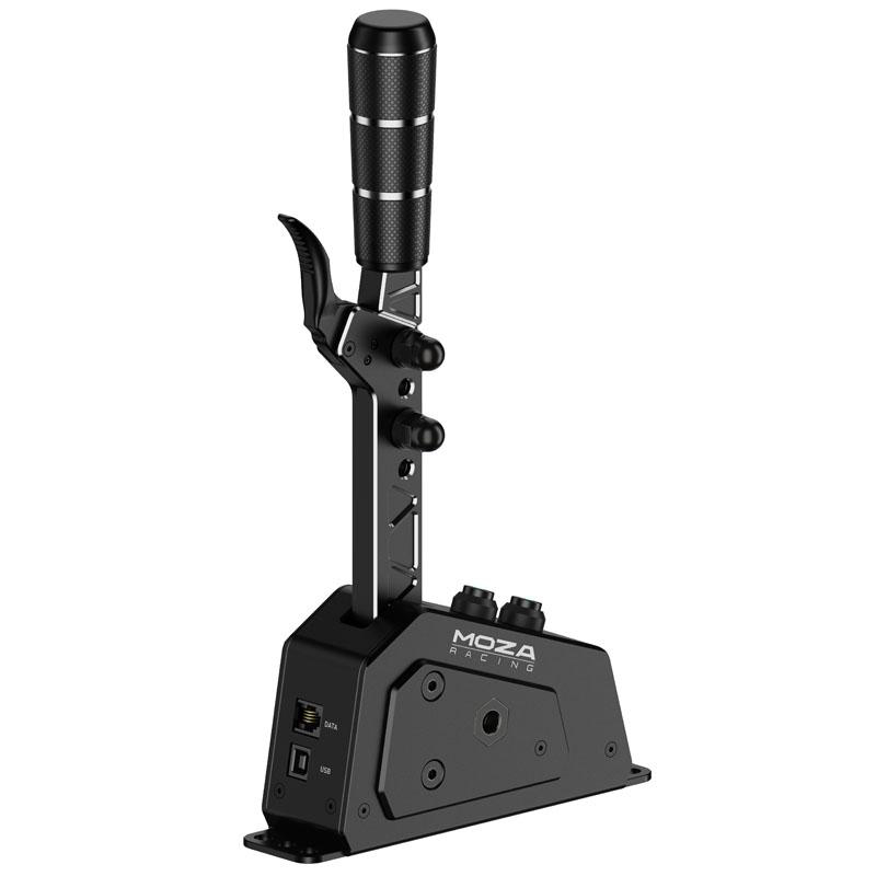 Schwarzer MOZA Racing Shifter. Merkmale: strukturierter Griff, Tasten und USB/Daten-Anschlüsse.  Schlankes, modernes Design.