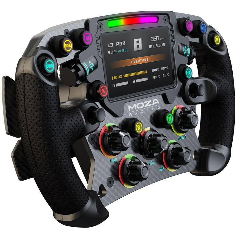 Ein Rennlenkrad mit vielen Knöpfen und einem Bildschirm mit MOZA Racing-Branding.