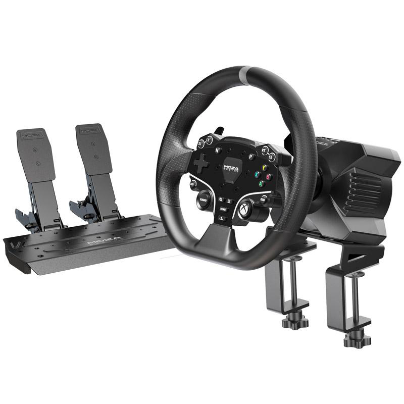 Rennrad- und Pedal-Set. Lenkrad mit Knöpfen und Pedalen für Gas und Bremse.