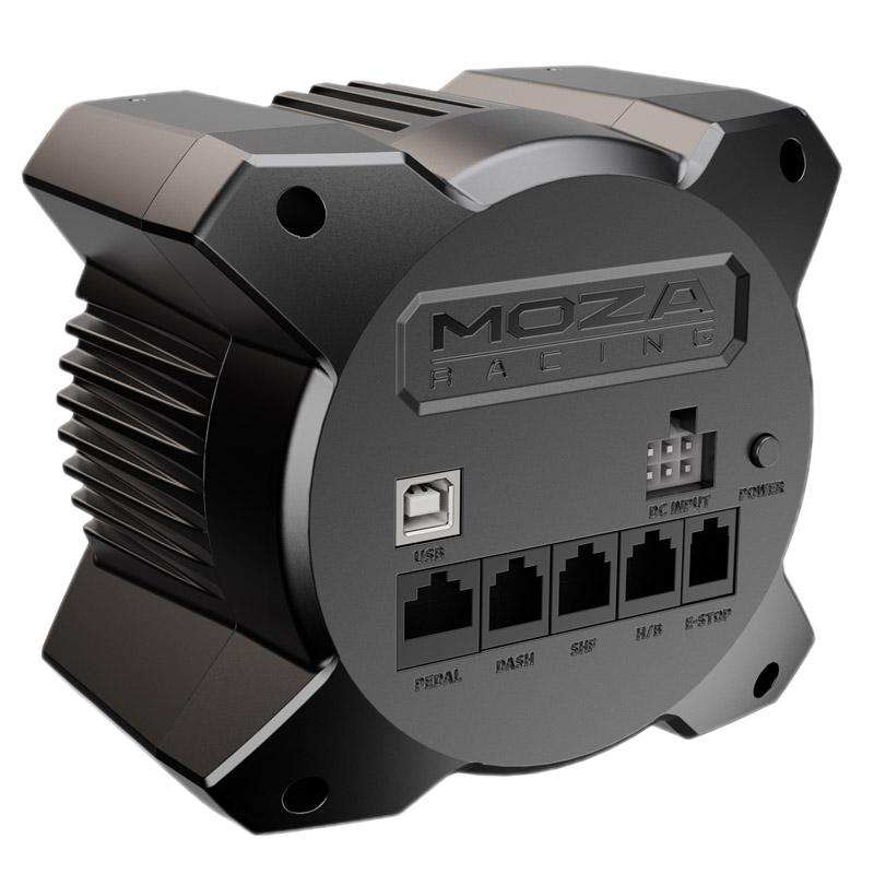 Schwarzes, eckiges Gerät mit Anschlüssen und "MOZA RACING"-Logo. USB-, Pedal-, Dash- und H/B-Anschlüsse.