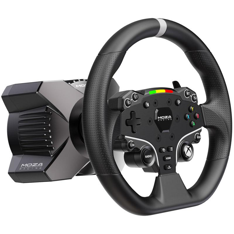 MOZA Racing Lenkrad auf schwarzer Basis, mit Knöpfen und einem Display.