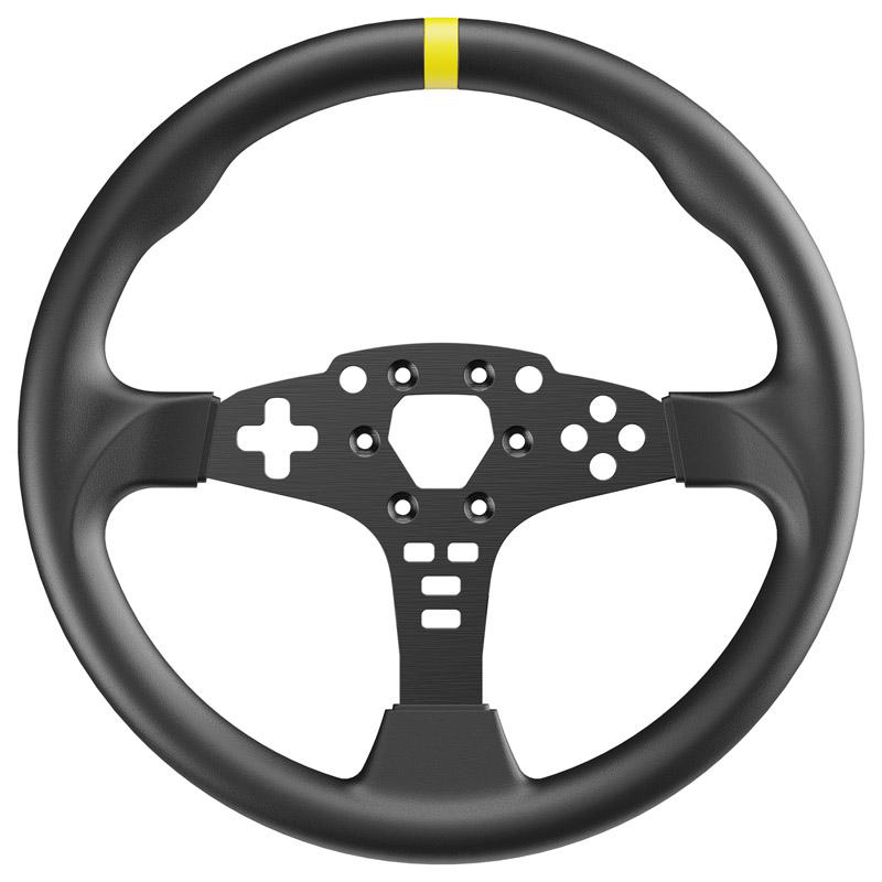 Ein schwarzes Autolenkrad mit gelbem Streifen oben und Spieltasten.