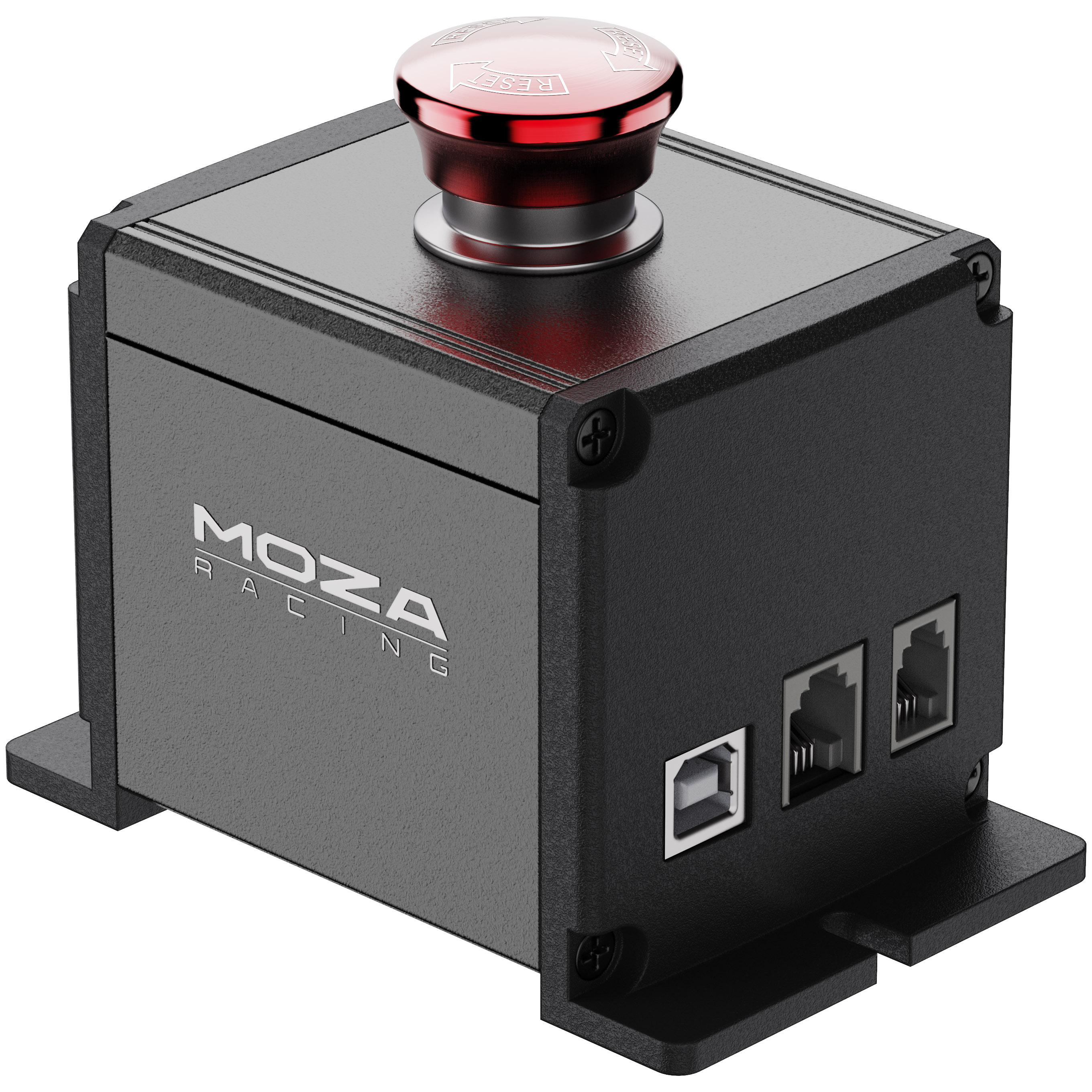 Ein schwarzes Gerät mit roter Reset-Taste. Es hat das MOZA Racing Logo. USB- und Ethernet-Anschlüsse sind sichtbar.