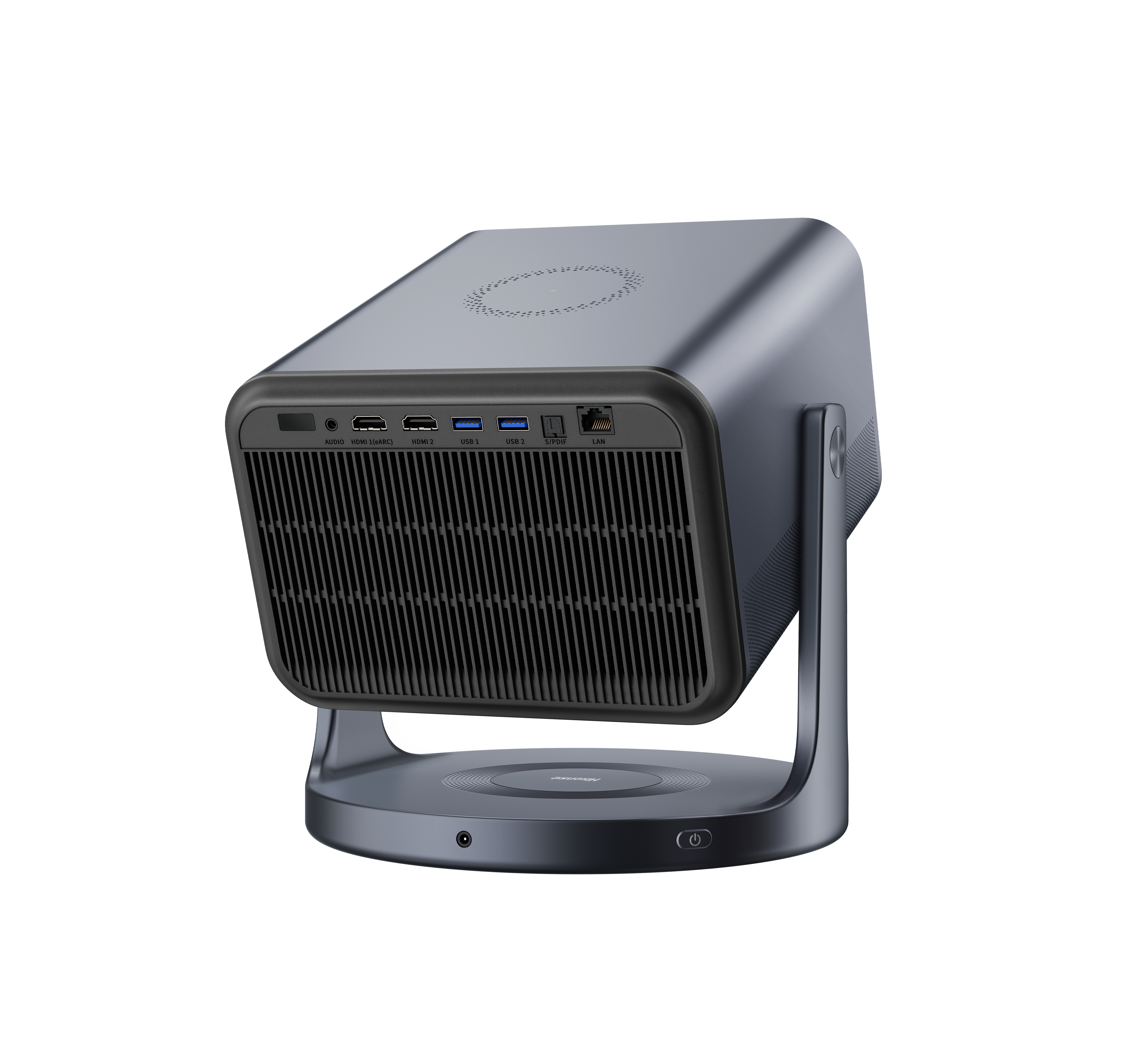 Ein dunkelgrauer Projektor, abgewinkelt, auf einem Ständer, mit verschiedenen Anschlussports.