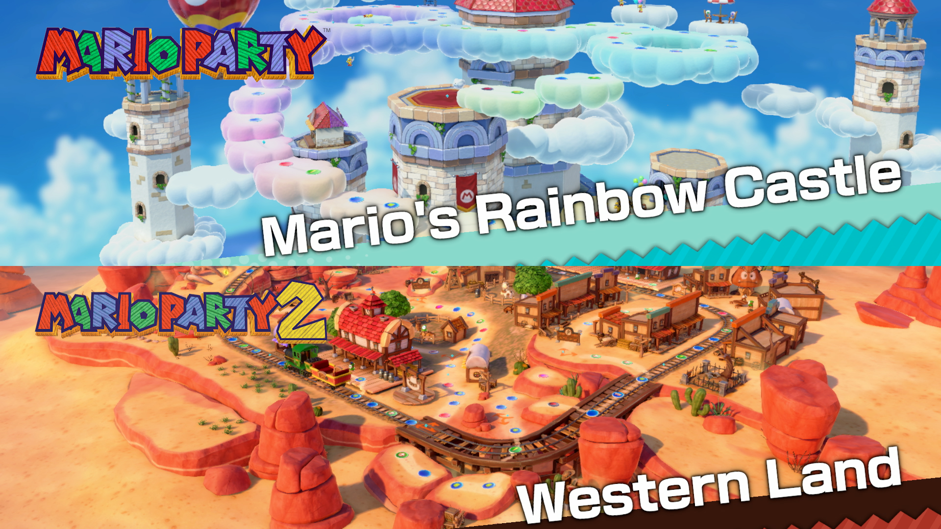 Mario Party oyun ekranı, Mario'nun Gökkuşağı Kalesi ve Western Land tahtalarını gösteriyor.