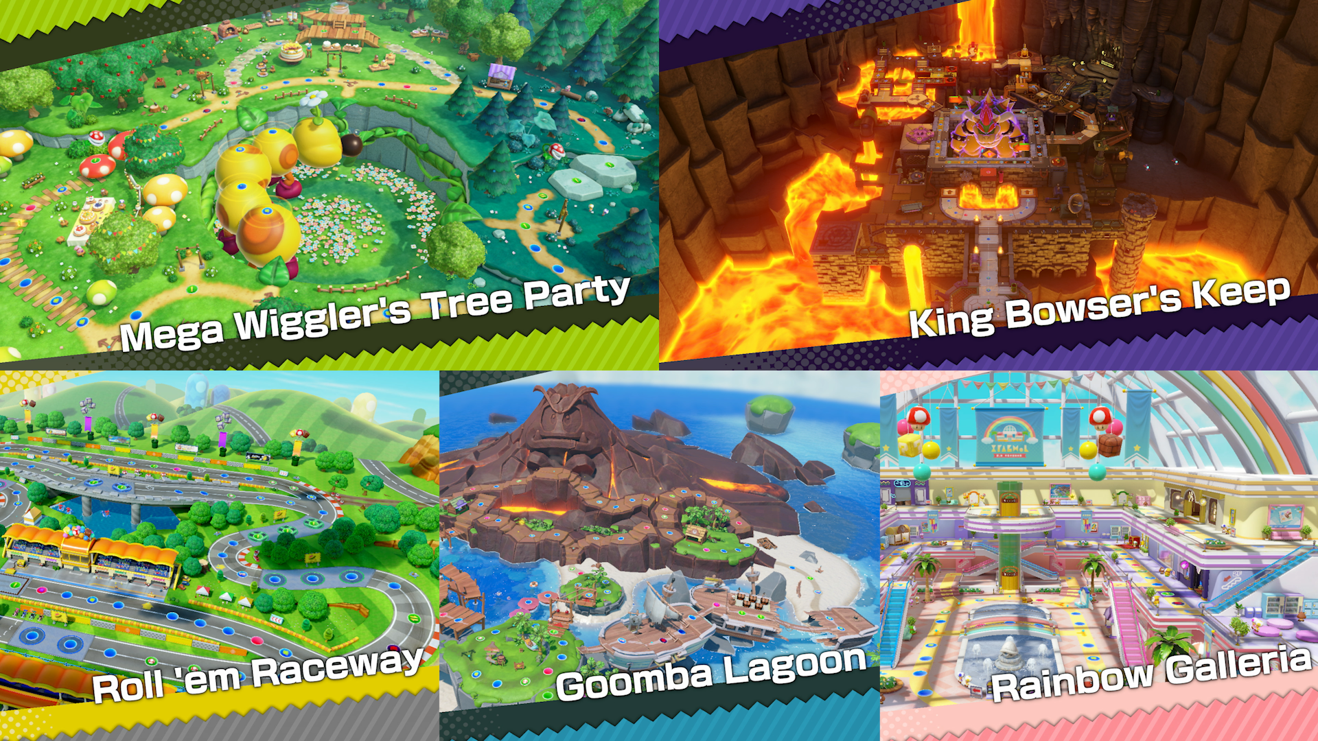 Dört Mario Kart parkurunun kolajı: Mega Wiggler's Tree Party, King Bowser's Keep, vb.