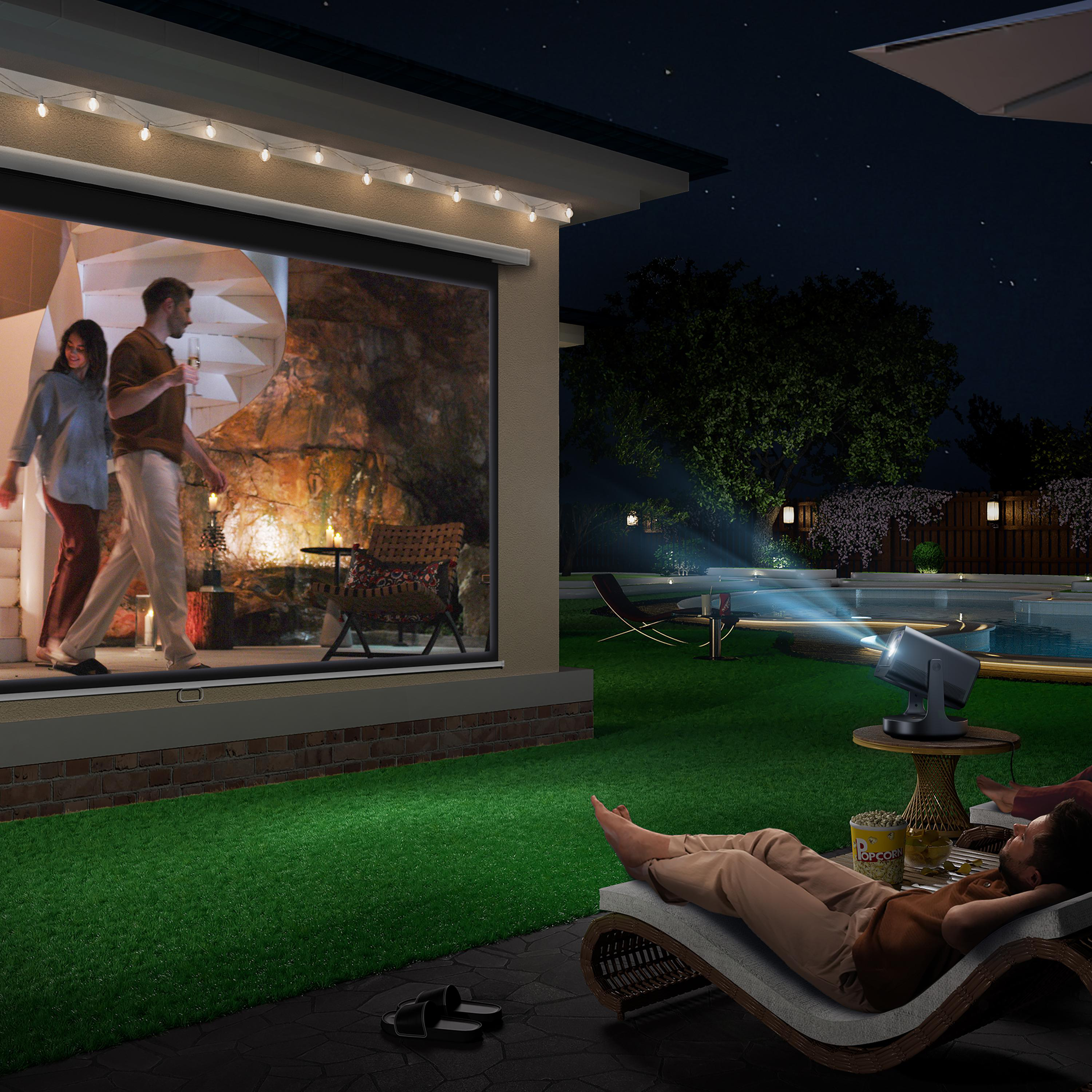 Ein großer LG OLED AI-Fernseher wird in einem Winkel gezeigt und zeigt einen farbenfrohen, abstrakten Hintergrund.