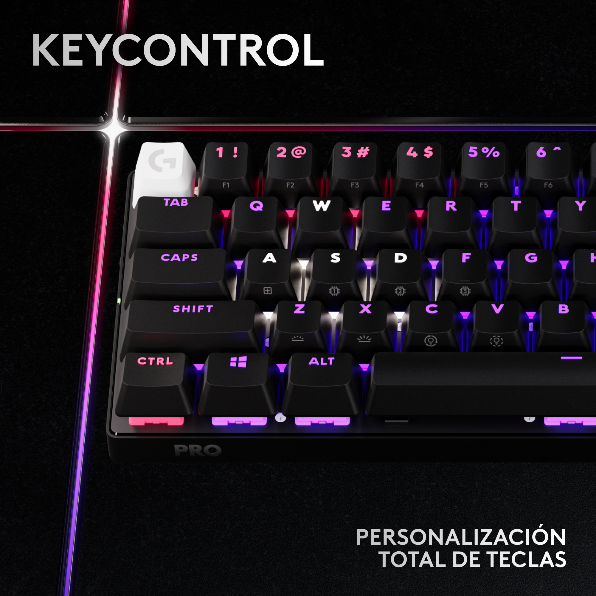 Teclado negro con luces coloridas y teclas blancas.