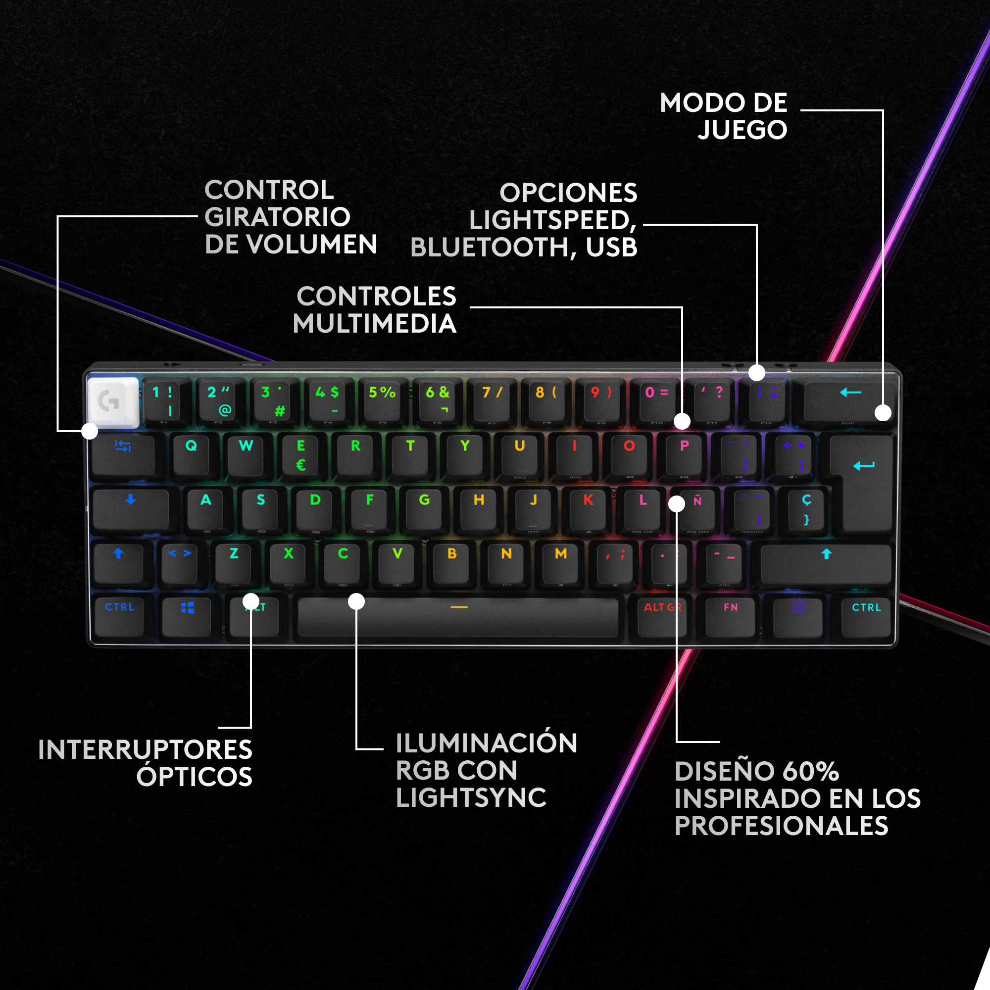 Teclado negro con teclas coloridas. Tiene controles multimedia y el diseño está inspirado en profesionales.