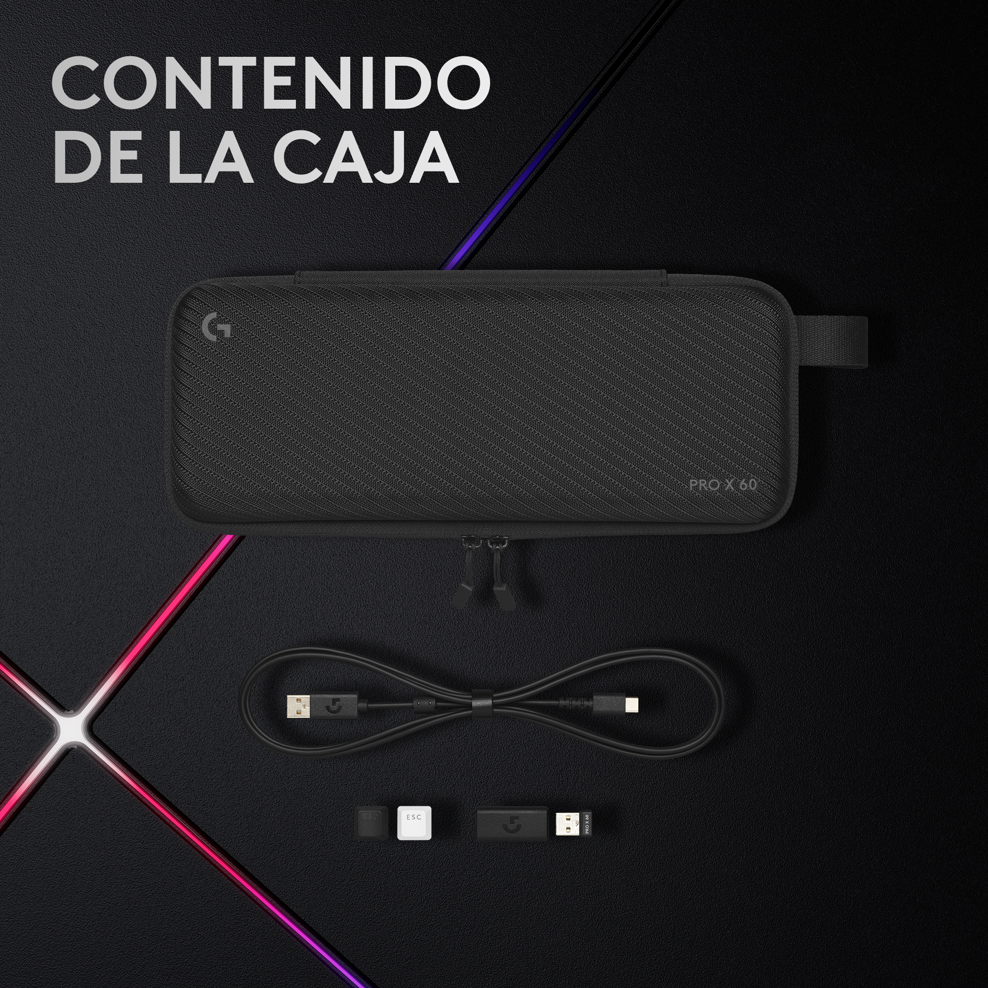 Una funda de transporte negra con accesorios. Incluyen un cable USB, un adaptador USB y un elemento más pequeño.
