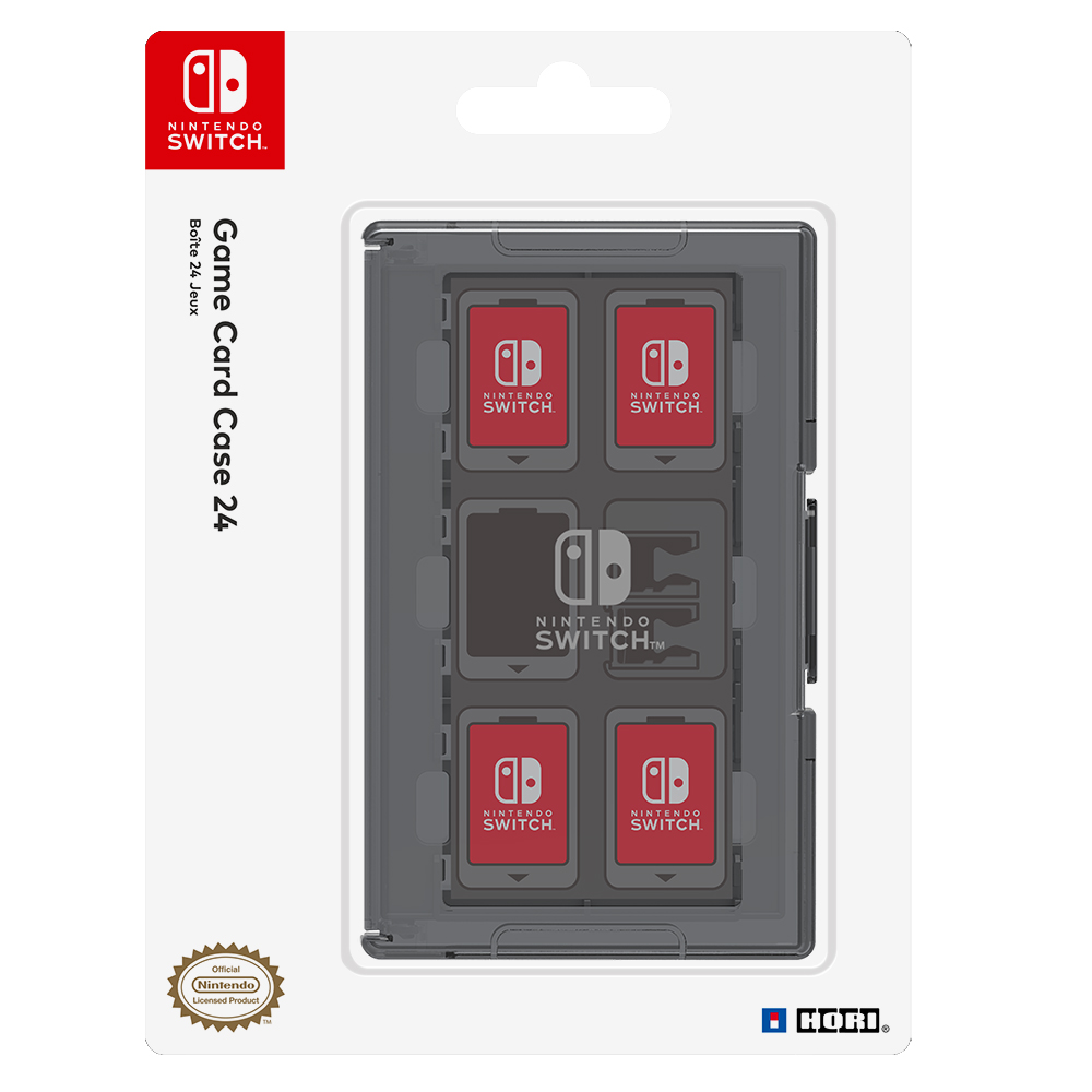 İçinde oyun kartları bulunan bir Nintendo Switch oyun kartı kutusu, şeffaf bir plastik kutuda.