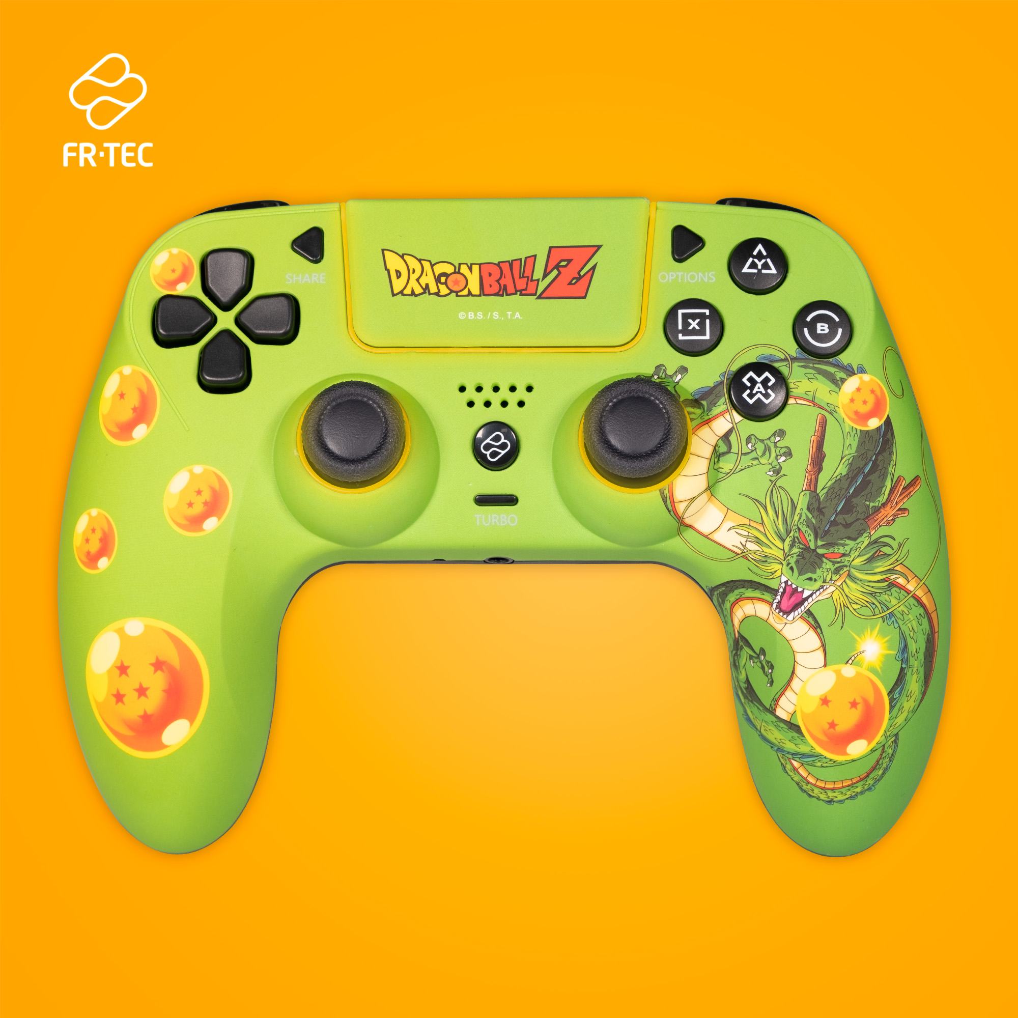 Grüner Dragon Ball Z Controller mit Drachendesign und orangen Knöpfen auf orangefarbenem Hintergrund.