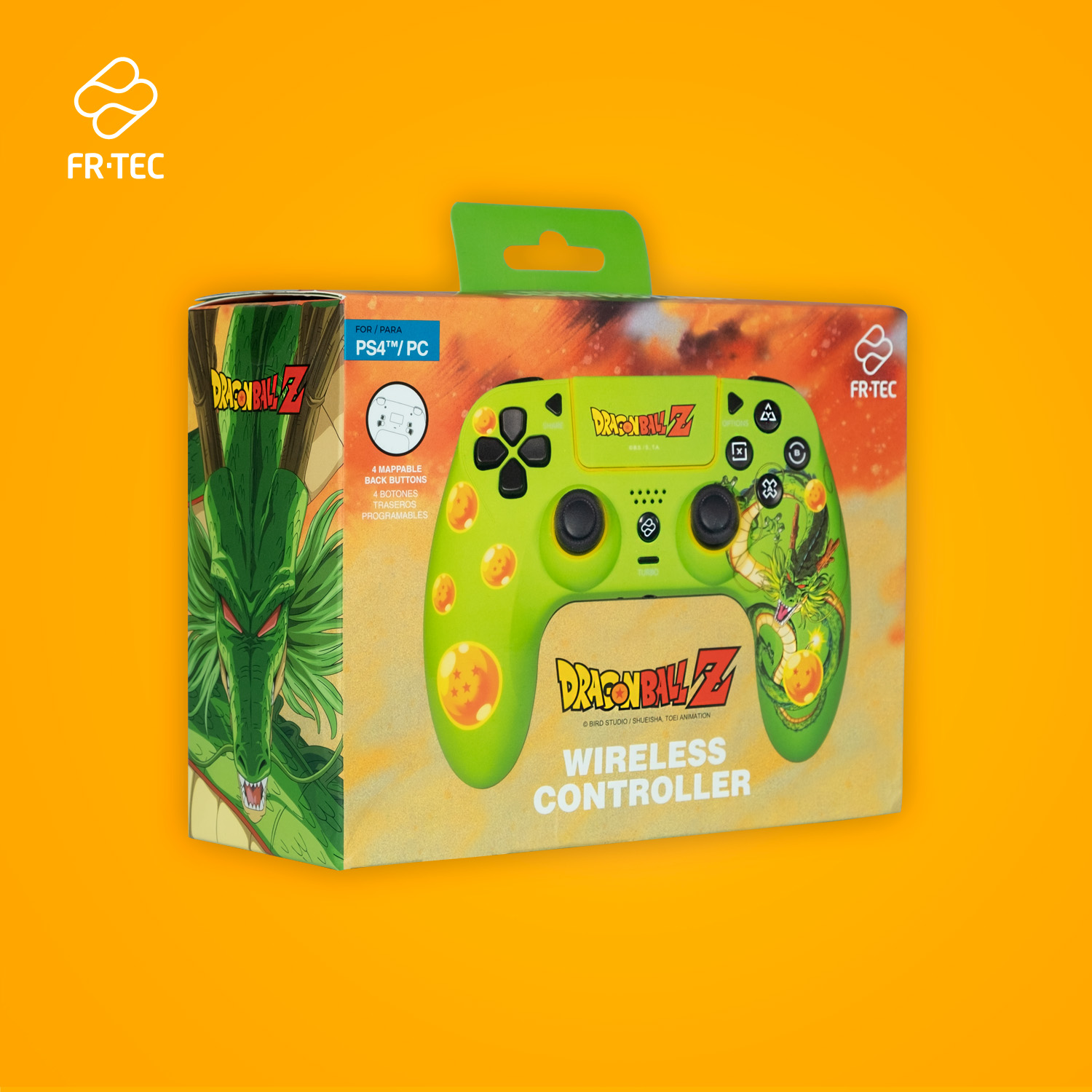 Ein Dragon Ball Z Wireless-Controller in einer Box. Der Controller ist grün.