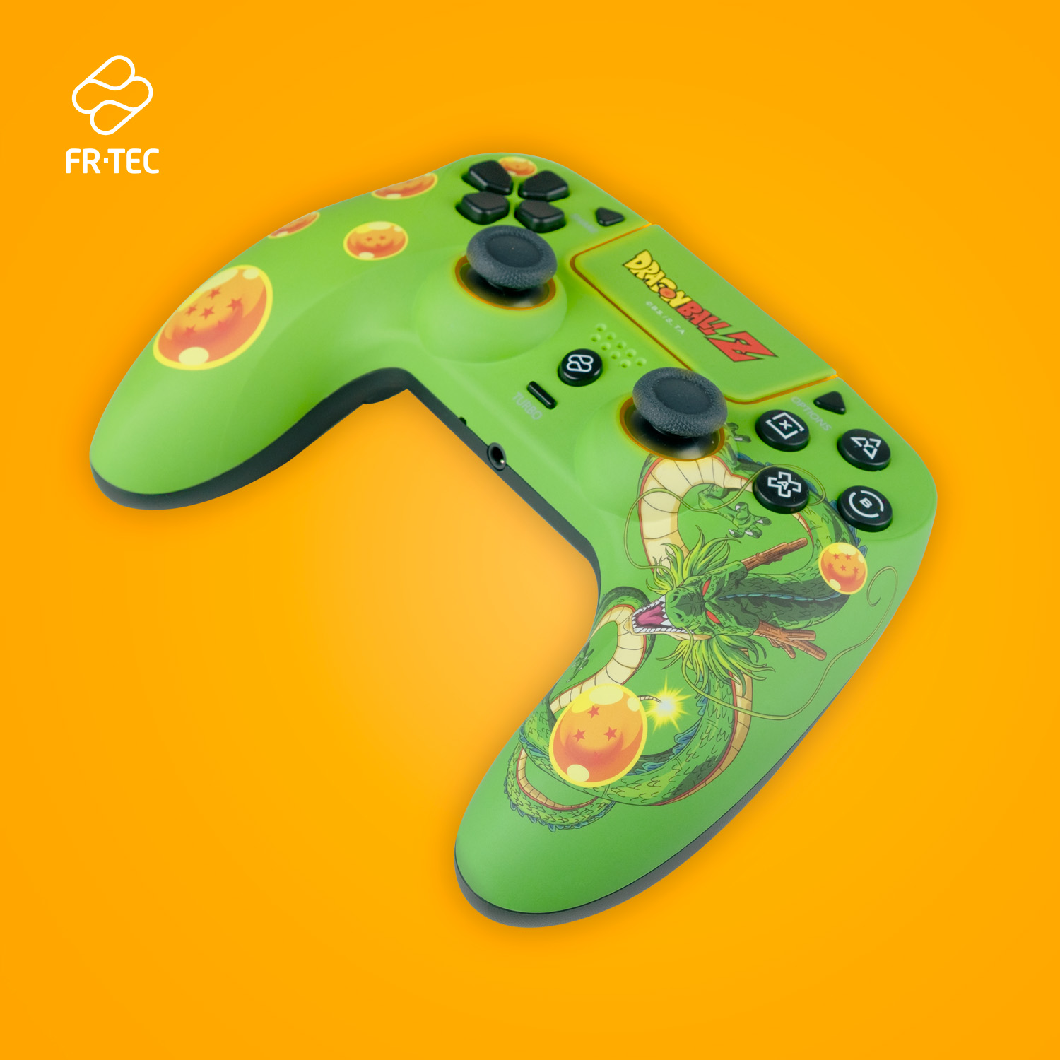 Grüner Dragon Ball Z-Controller. Mit Dragon Ball-Kunst, Knöpfen und Joysticks.