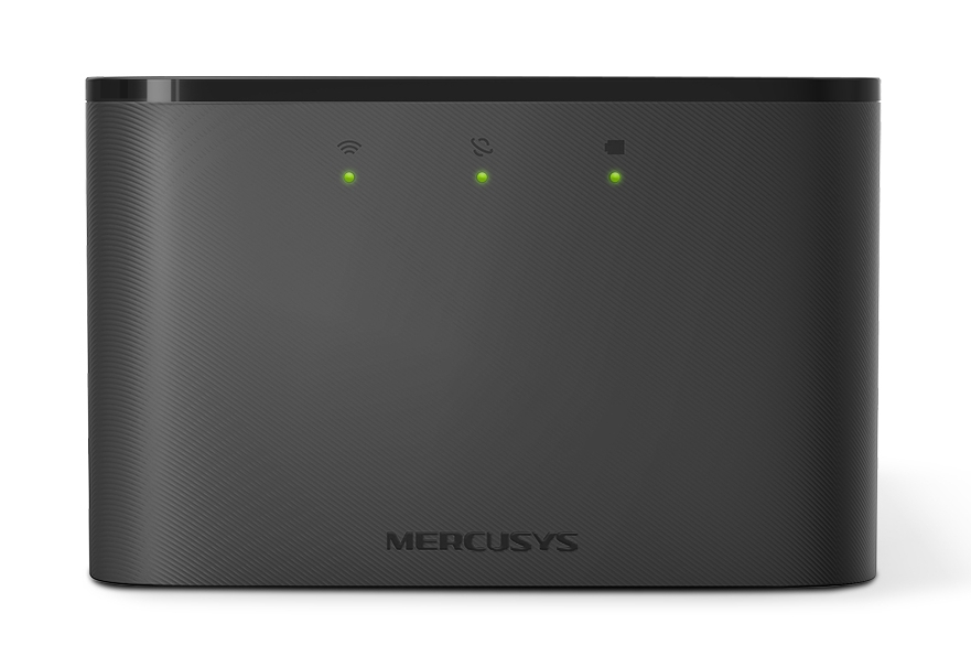 Ciemnoszary router Mercusys z trzema zielonymi lampkami kontrolnymi.