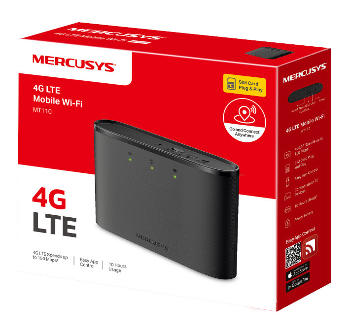 Czarny router Wi-Fi 4G LTE MERCUSYS Mobile, z pudełkiem pokazującym funkcje i logo.
