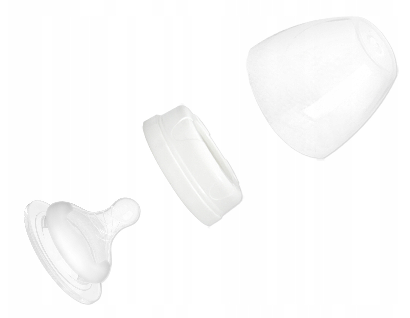 Trzy przezroczyste części butelki dla dziecka: smoczek, pierścień i nakrętka.