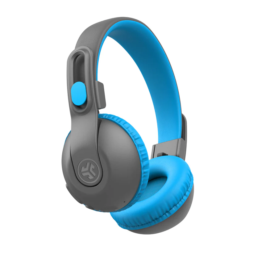 Grau-blaue Kopfhörer mit runden Ohrmuscheln und blauem Kissen. Das Kopfband ist gebogen.
