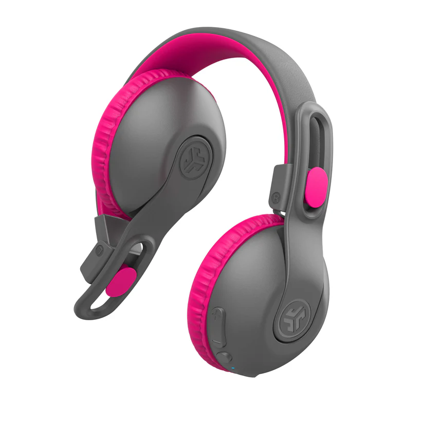 Graue und rosa Kopfhörer, Over-Ear-Stil, mit dem JLab-Logo.