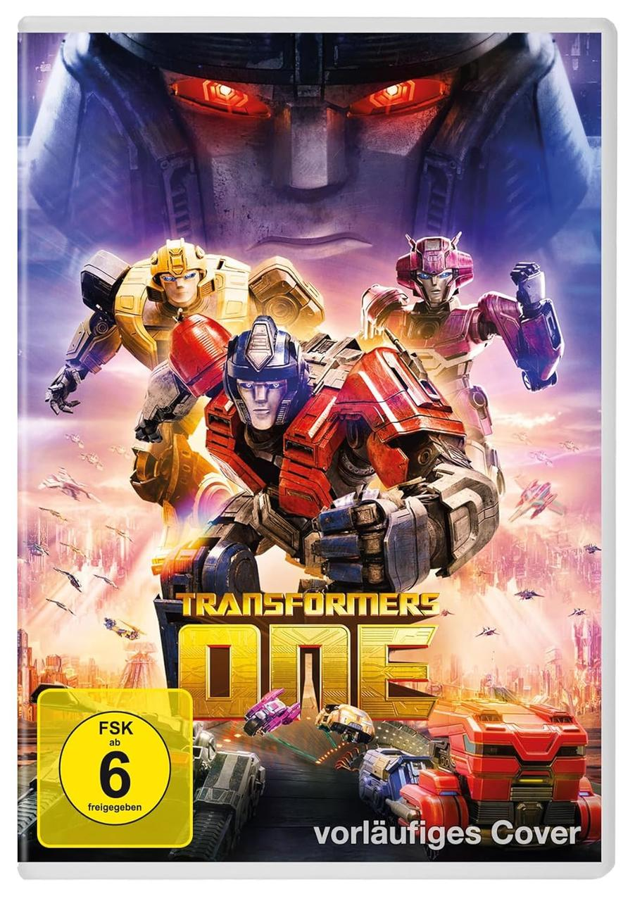 Transformers One DVD-Cover. Roboter in Aktion. Autos und Flugzeuge im Hintergrund. Gelbes FSK 6 Logo.