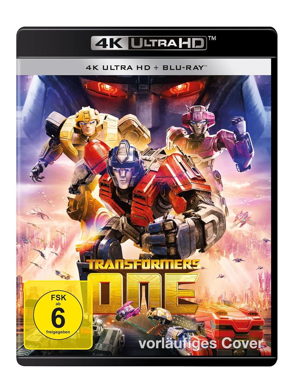 Filmcover mit Transformers-Robotern. Text lautet 'Transformers One'.