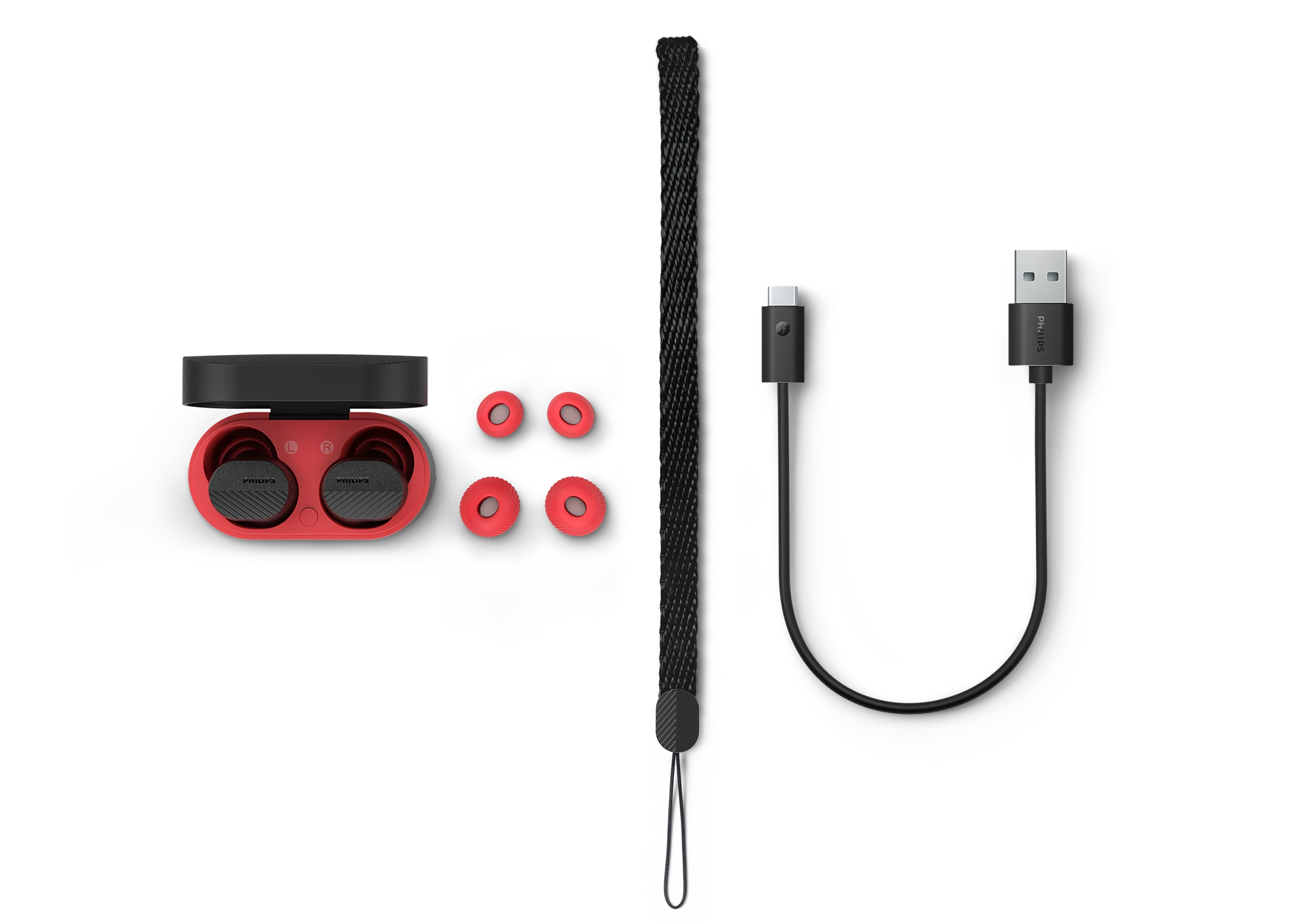 Kulaklık, şarj kutusu, USB-C kablosu ve ek kırmızı kulak uçları.