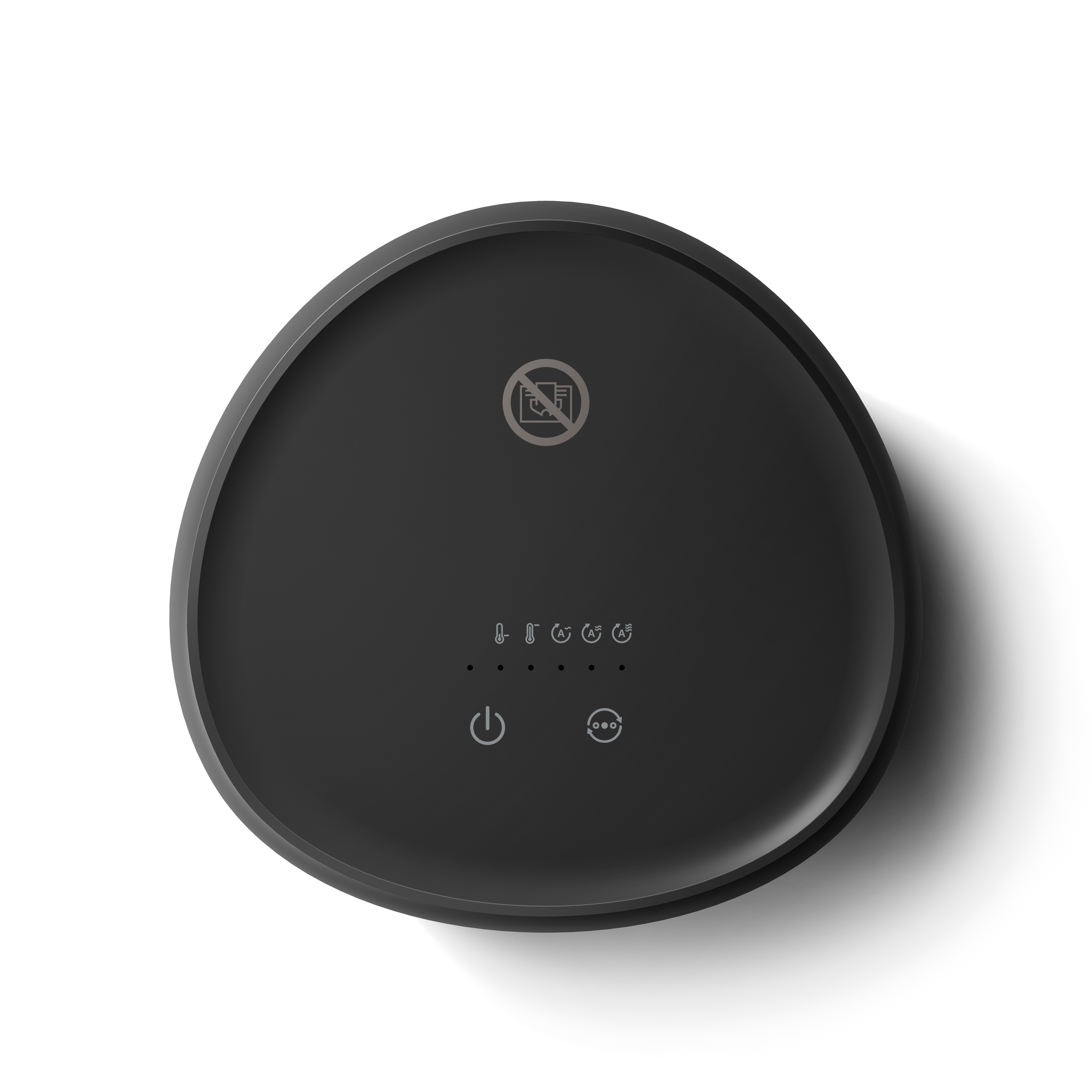 Dispositivo circular negro con botones táctiles e icono de encendido. Hay una señal de prohibido.