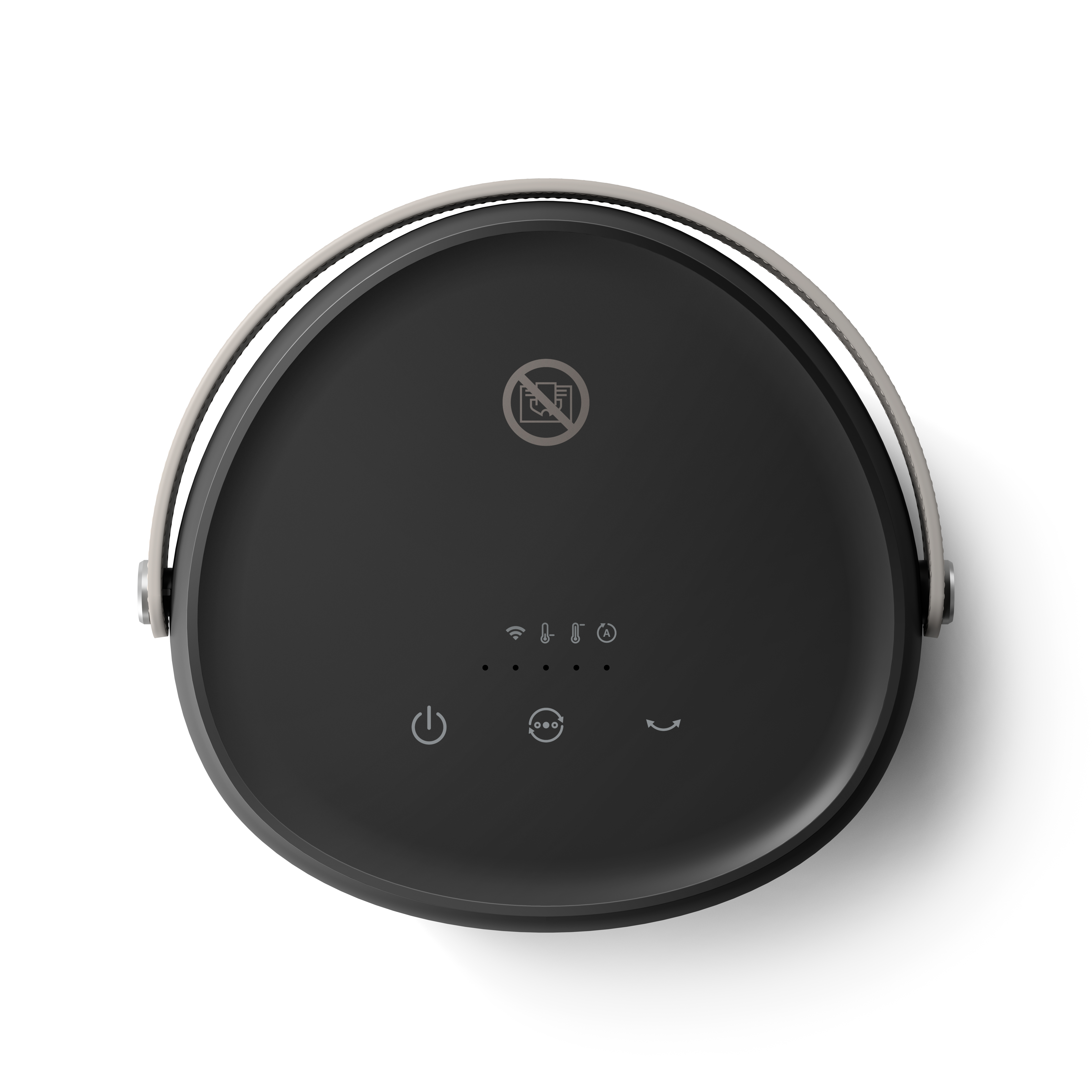 Un dispositivo doméstico inteligente negro con un diseño circular, que muestra iconos del panel de control.