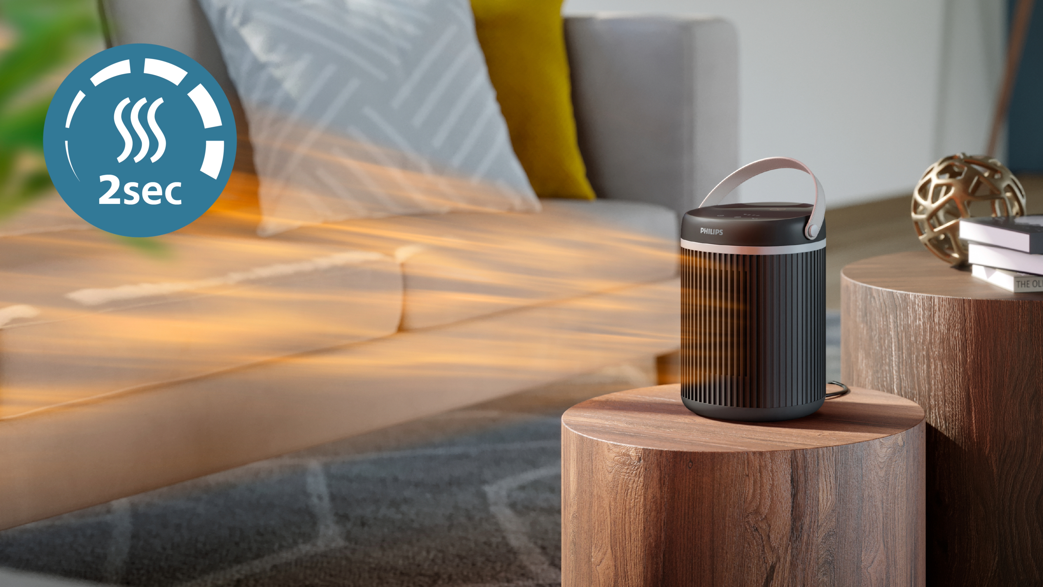 Un calefactor portátil negro y gris sobre una mesa de madera en un salón, con un icono de temporizador.