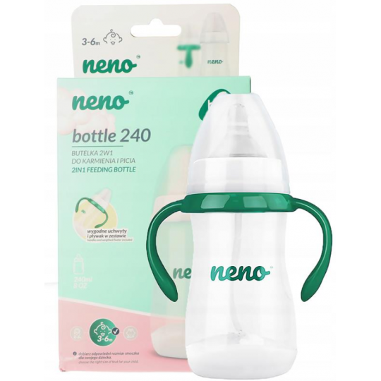 Butelka dla dziecka 2 w 1 z zielonymi uchwytami i nakrętką oraz pudełkiem z tyłu. Białe tło.