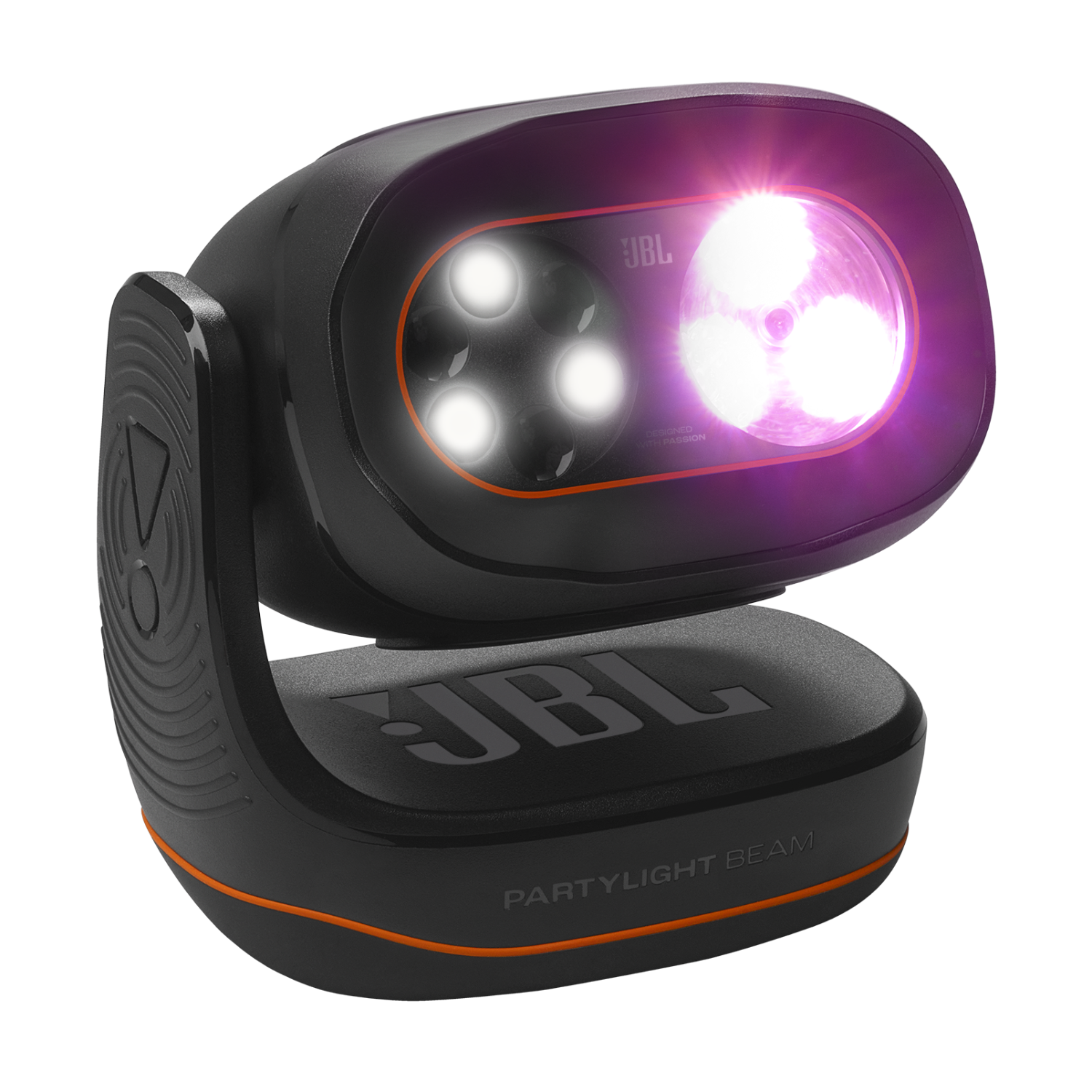 JBL PartyLight Beam negro con luces blancas y moradas brillantes.