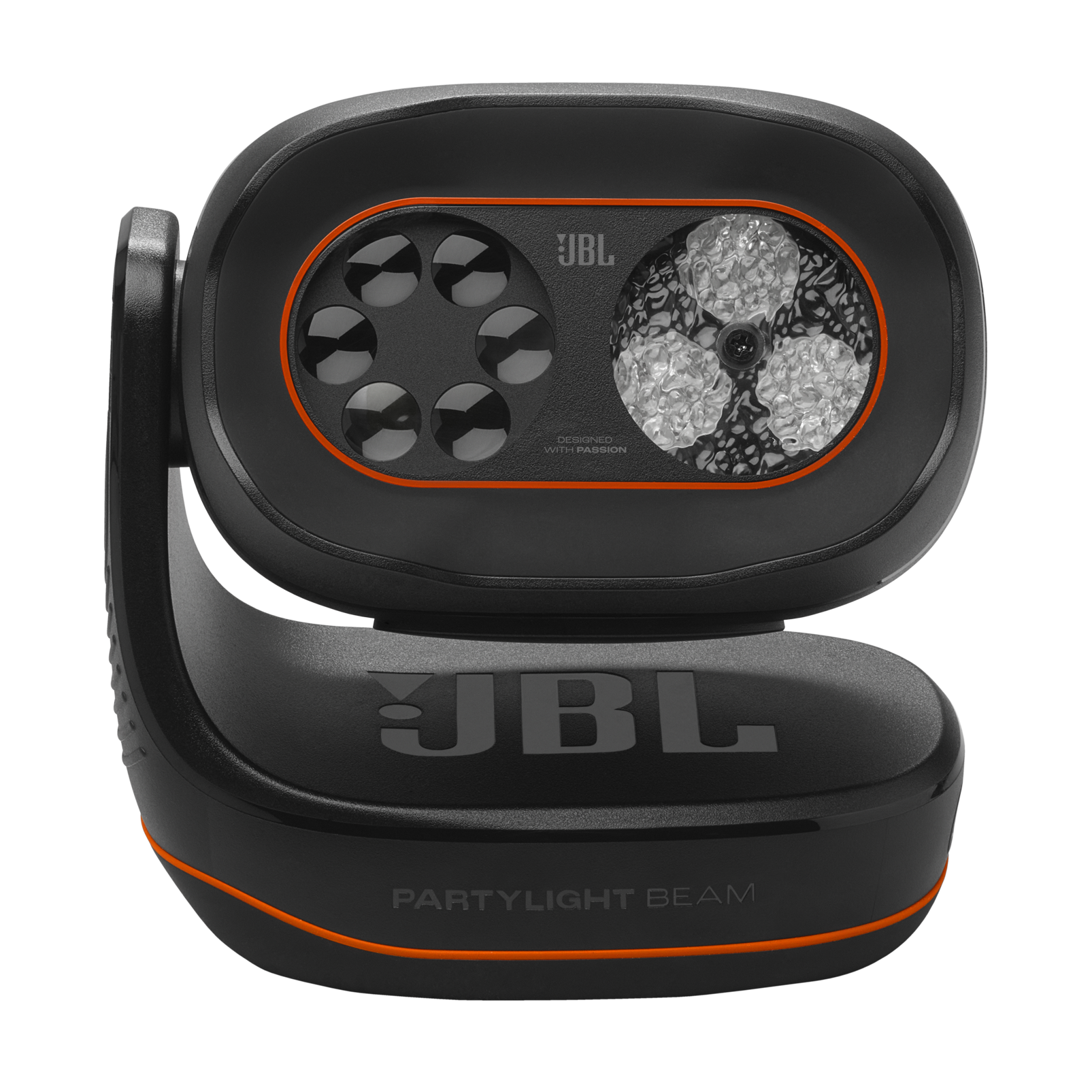 Un JBL PartyLight Beam negro y naranja. Diseñado con Harman. Fondo negro.