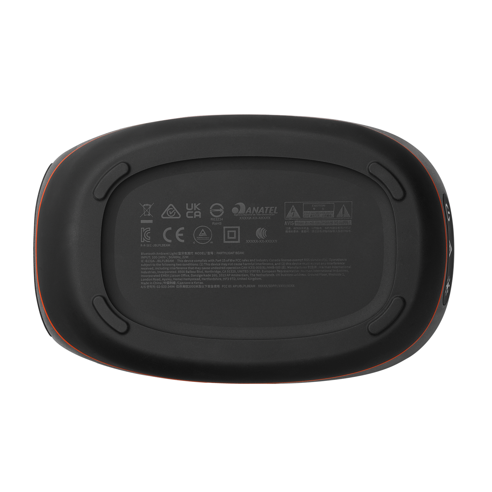 Vista inferior de un altavoz negro y naranja, con etiquetas y marcas.