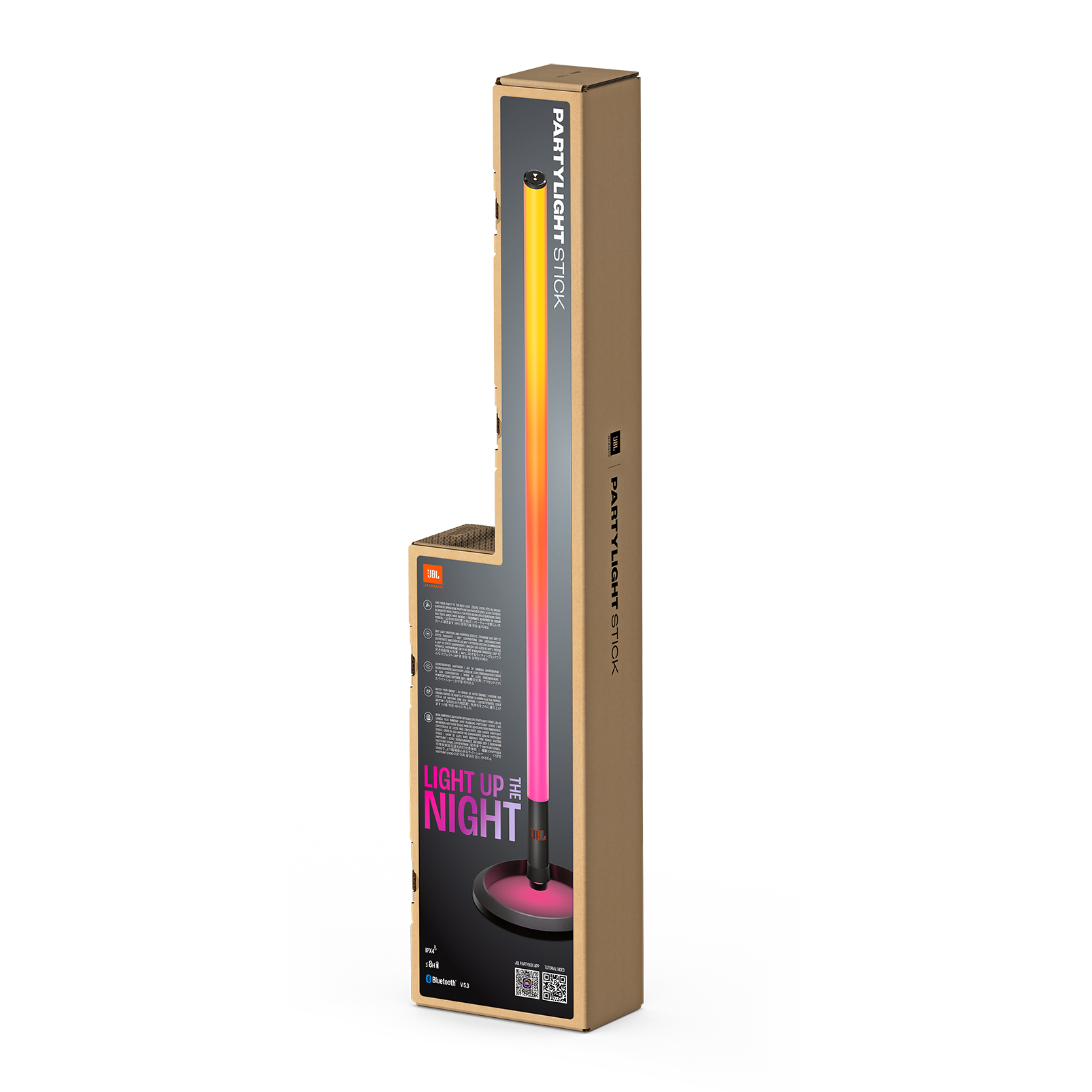 Caja alta con barra de luz, con texto JBL y 'LIGHT UP NIGHT'.
