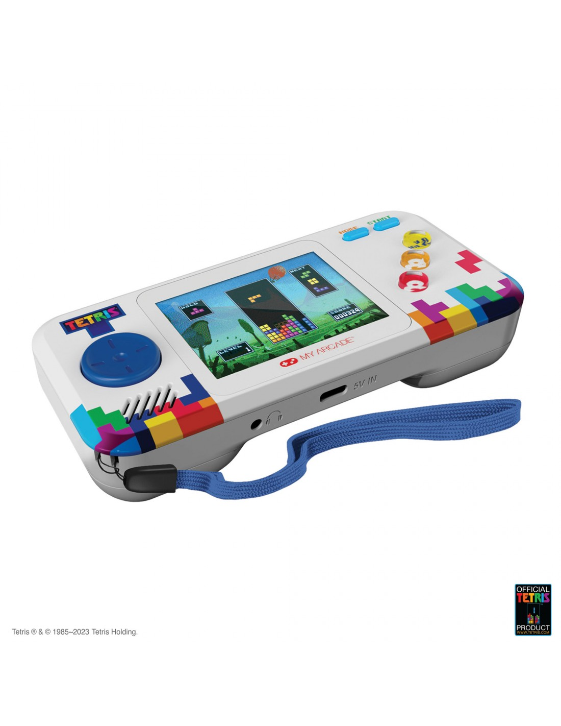 Un juego portátil de Tetris blanco con diseño colorido y correa azul.