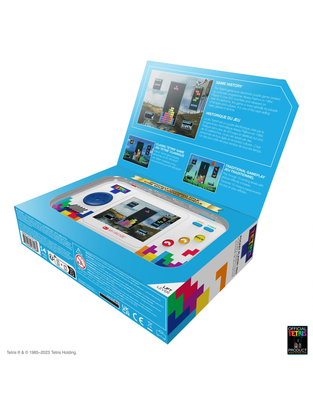Caja del juego Tetris abierta, mostrando la consola del juego adentro. La caja es azul y blanca con información del juego en los lados.