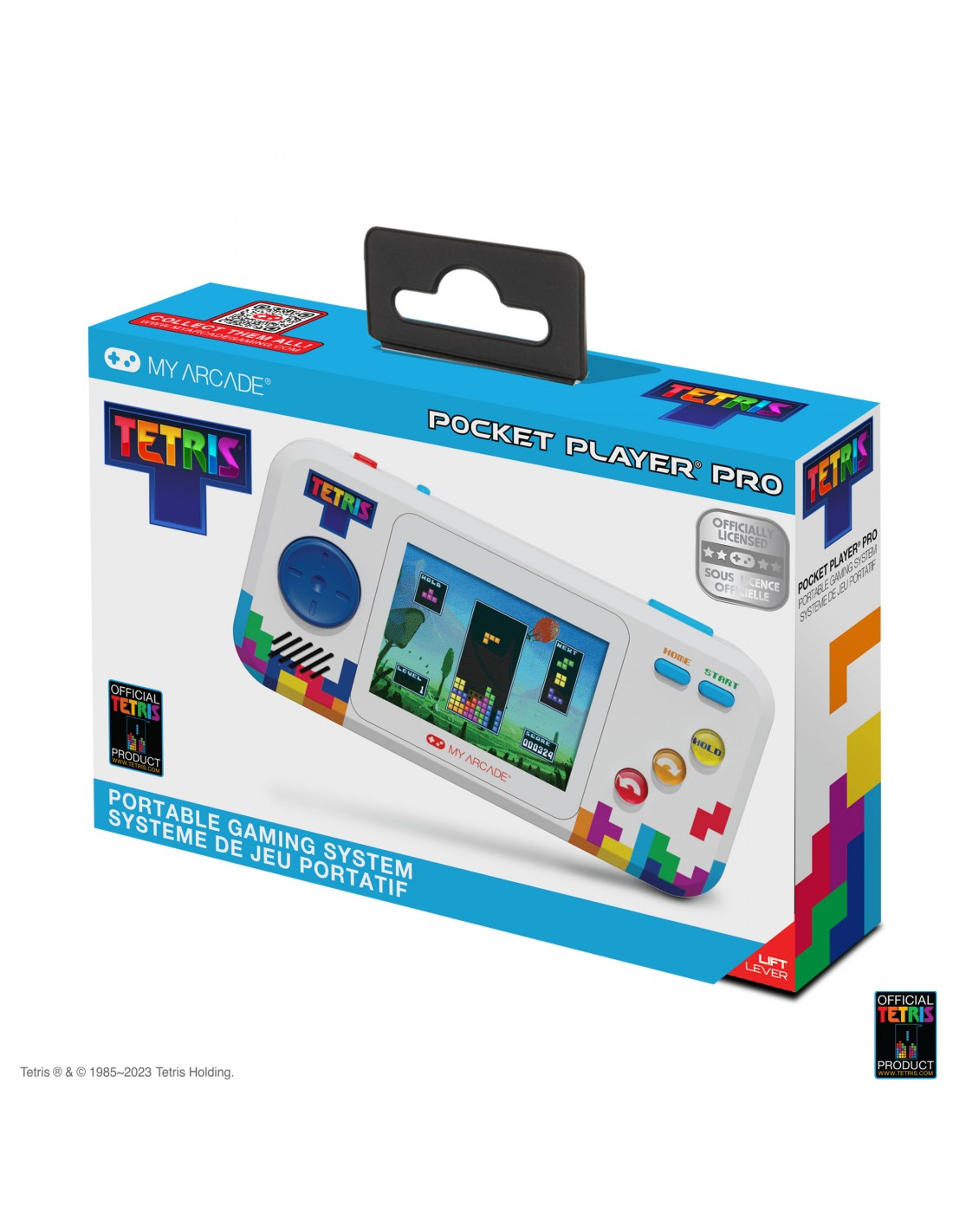 Consola de juegos Tetris Pocket Player Pro en caja. Consola blanca, pantalla con juego Tetris.