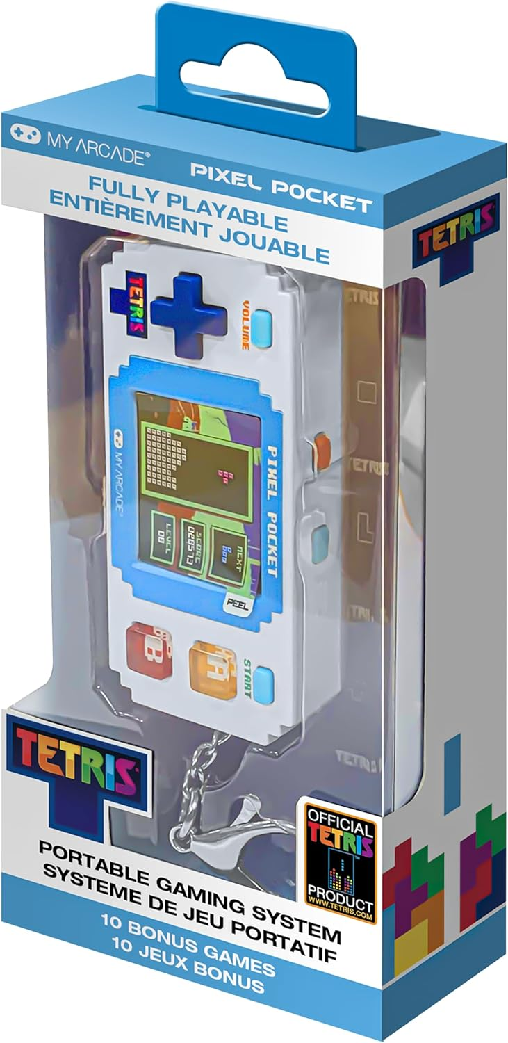 Una caja blanca y azul con un sistema de juegos portátil llamado Pixel Pocket, que muestra Tetris.
