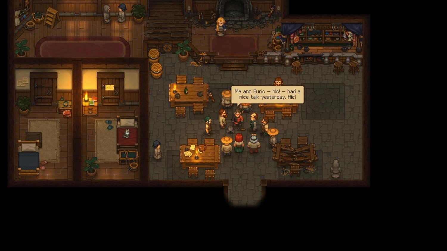 Escena pixelada dentro de un edificio con gente, mesas y un bar.