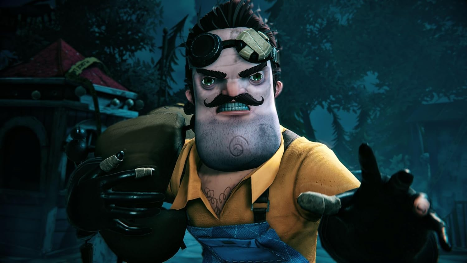Personaje de juego animado con bigote, cara enojada, manos hacia adelante.