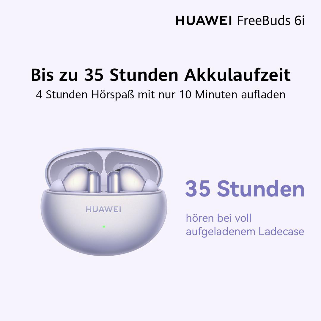 Weiße Ohrhörer in einem Gehäuse, Text über die Akkulaufzeit.