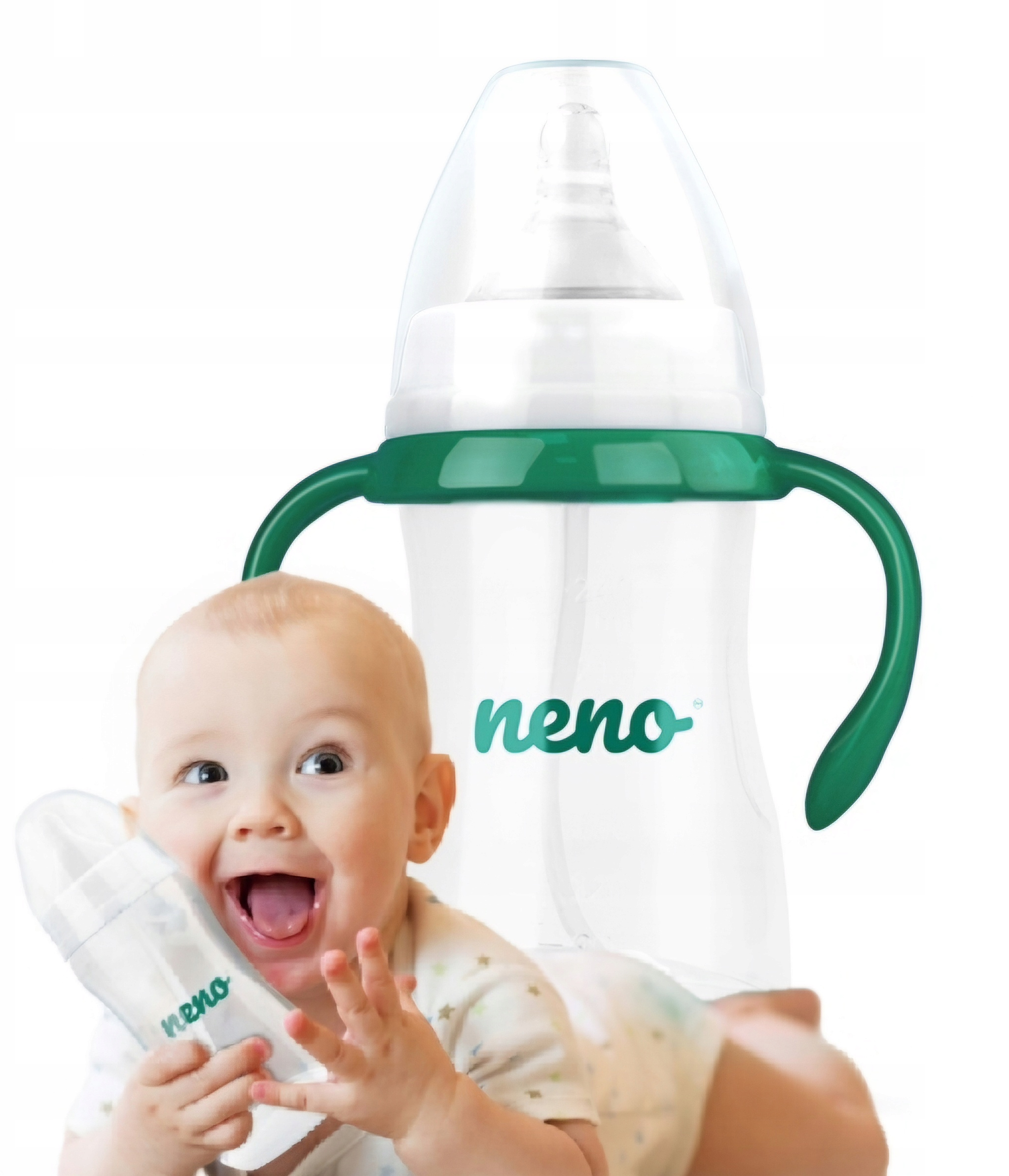Niemowlę trzymające butelkę mleka marki 'neno'. Obok dziecka znajduje się kolejna butelka.