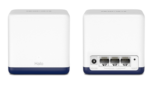 Biało-niebieski router. Przód pokazuje Halo, tył porty i wejście zasilania.